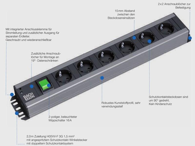 Bachmann Handwerkerleiste 9x Steckdose, 1x Schalter (300.004) optionale Funktionen