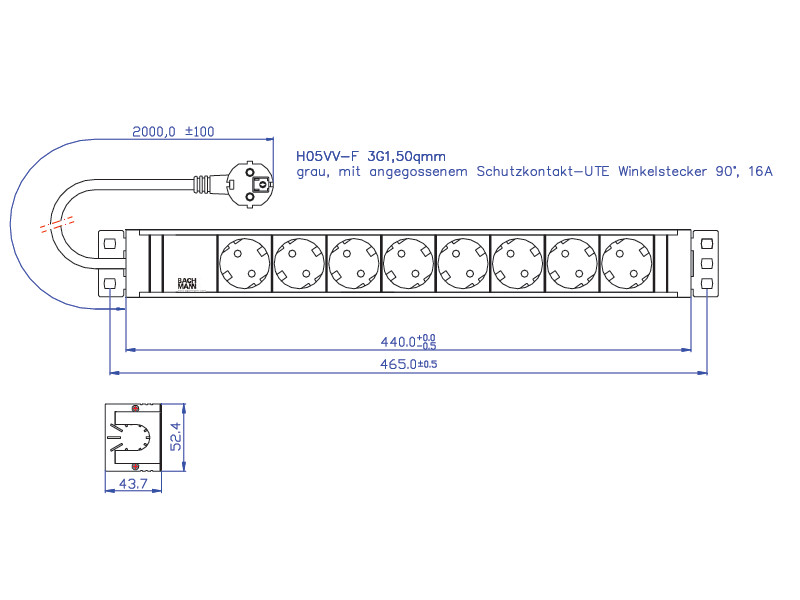 Bachmann IT PDU Steckdosenleiste 8x Schuko PVC 333.601 Maße