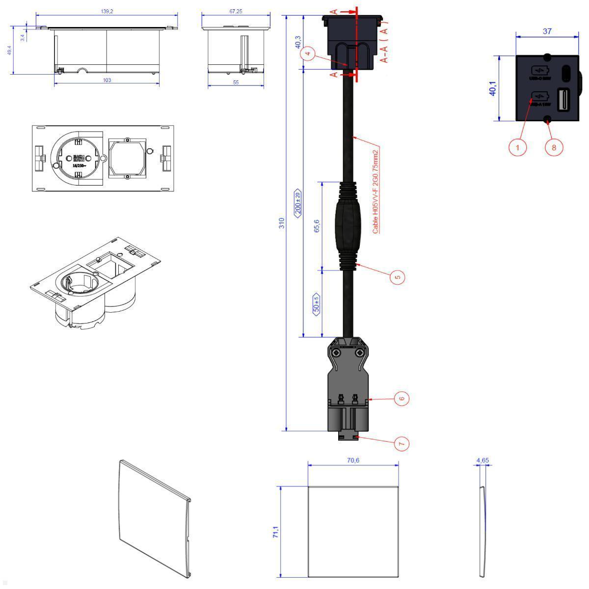 Bachmann DUE Steckdose, USB-Charger A/C, Deckel, Edelstahl (929.227DE), technische Zeichnung