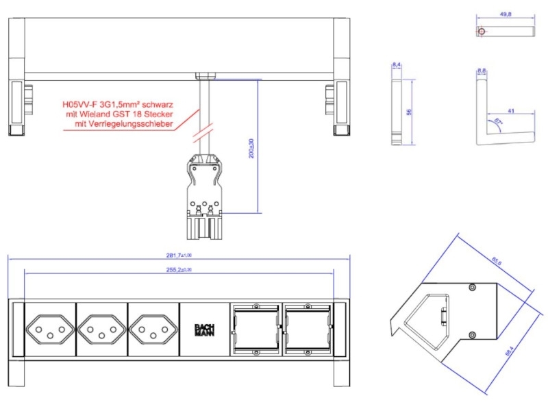 Bachmann DESK 2 3x Steckdose CH, 2x Custom Modul, weiß (902.209) Maße