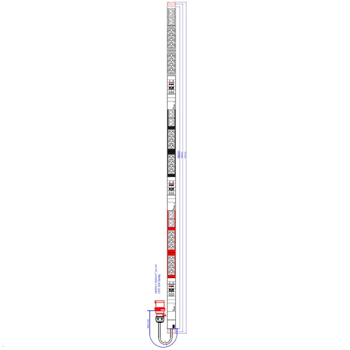 Bachmann IT PDU Vertikal Steckdosenleiste 24xC13 6xC19 6xLS ALU 1HE (800.2338), technische Zeichnung