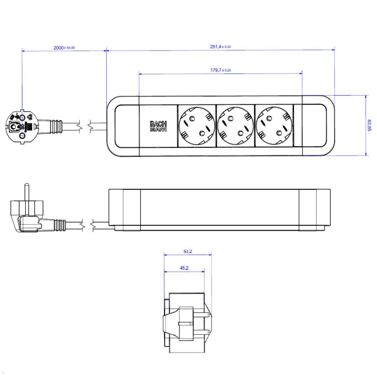 Bachmann PRIMO 2 3-fach Steckdosenleiste (350.007), Maße
