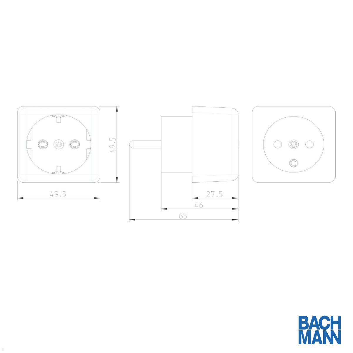 Bachmann Reiseadapter UTE Frankreich, Belgien, Tschechien, Polen (921.005) technische Zeichnung