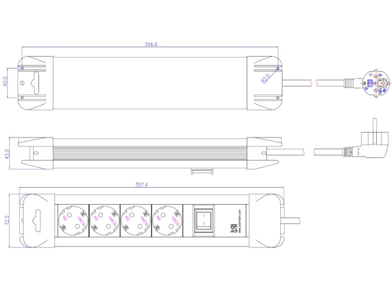 Bachmann CONNECTUS 4x Schutzkontaktsteckdose, 1x Schalter (330.100) Maße