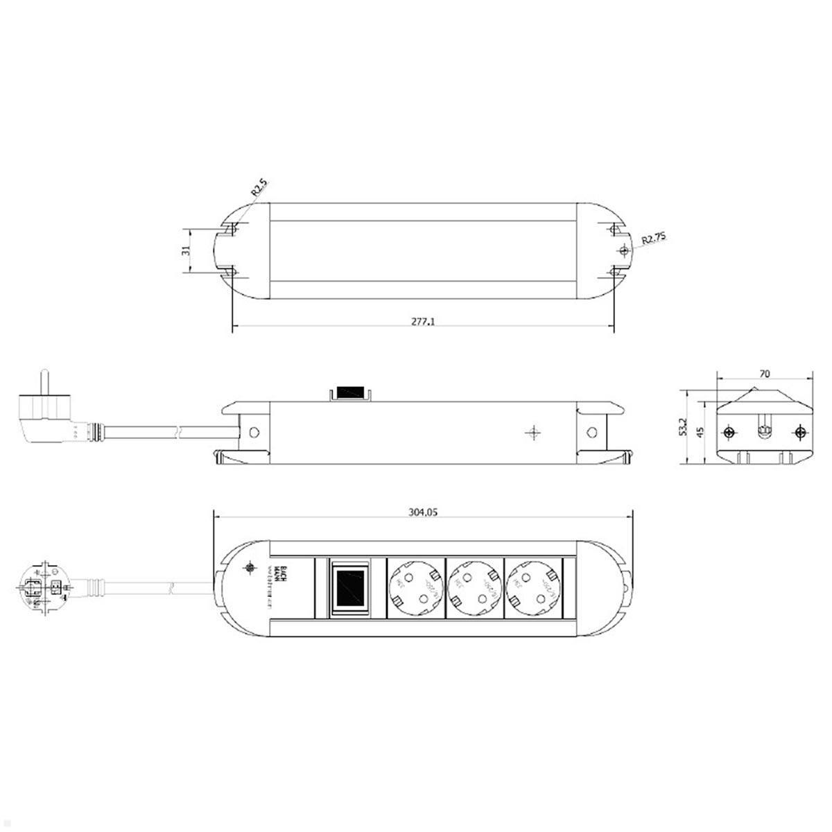 Bachmann PRIMO 3-fach Steckdosenleiste 1x Schalter 2m Zuleitung (330.070) technische Zeichnung