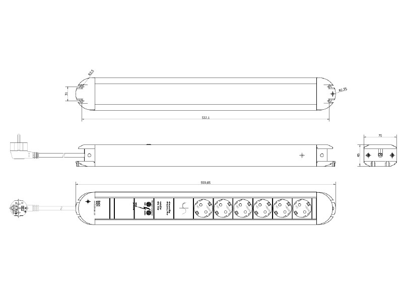 Bachmann PRIMO 6x Steckdose Gerätevollschutz 2m Zuleitung (331.006) Zeichnung