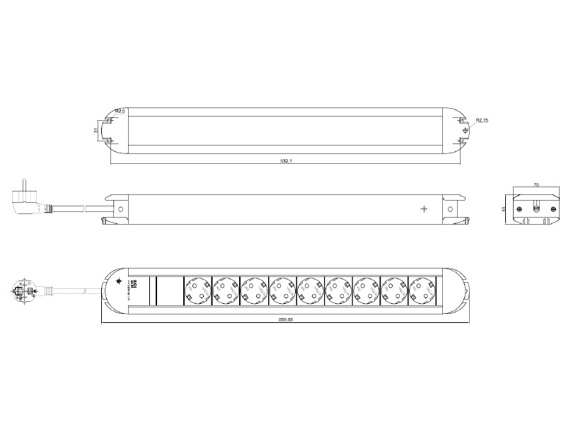 Bachmann PRIMO 9x Steckdosenleiste mit 2m Zuleitung (331.011) Zeichnung