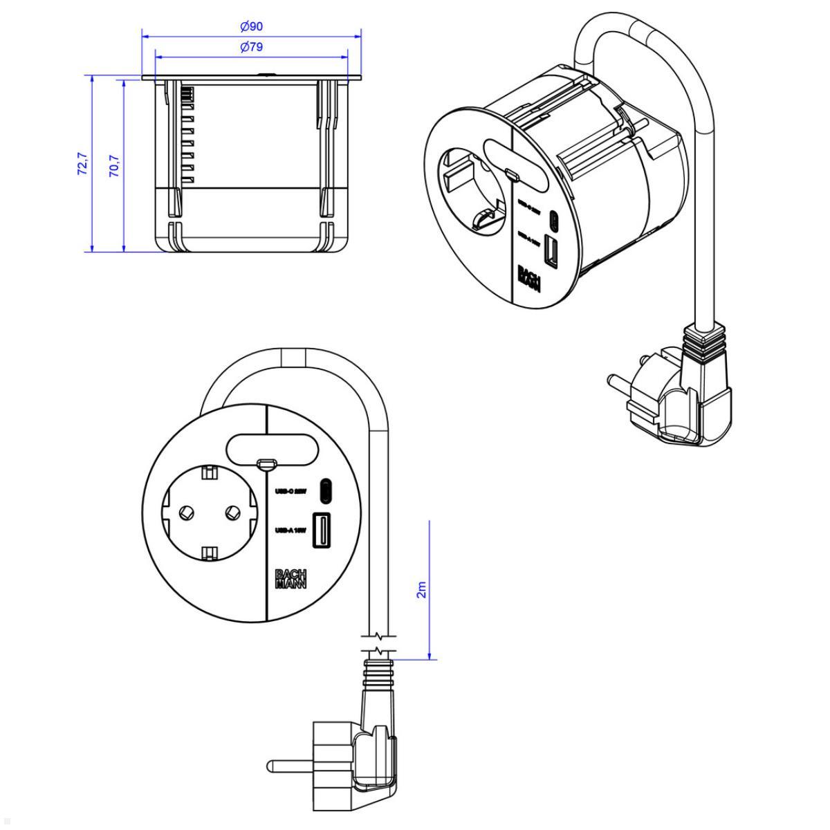 Bachmann LOOP IN CHARGE Steckdose USB A/C Winkelstecker, weiß (938.301), technische Zeichnung