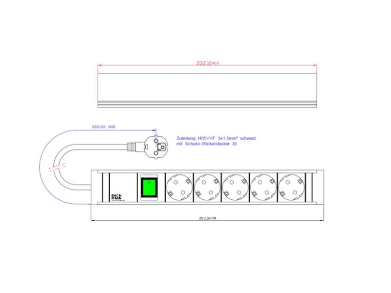 Bachmann CONNECT LINE Schutzkontaktsteckdose 5-fach mit Schalter (420.0013) Maße