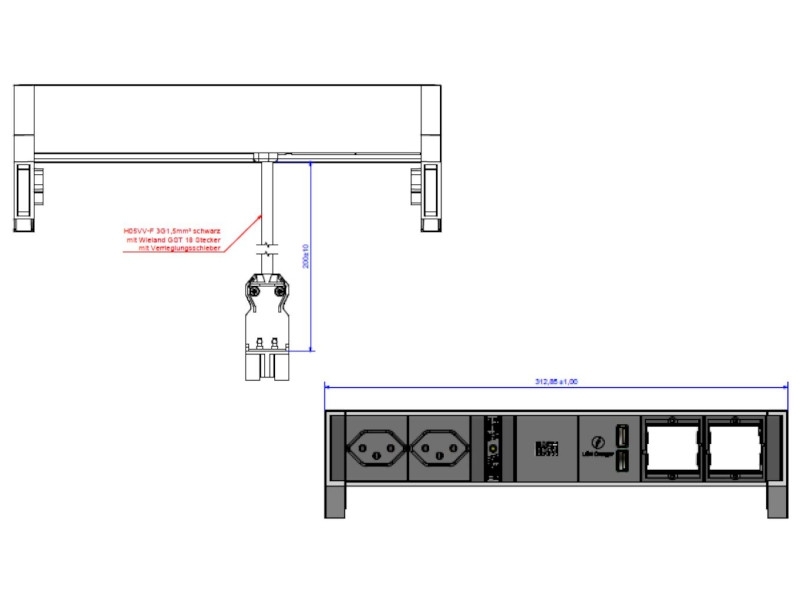 Bachmann DESK 2 2x Steckdose CH, 1x USB, 2x Custom Modul, weiß (902.230) Maße