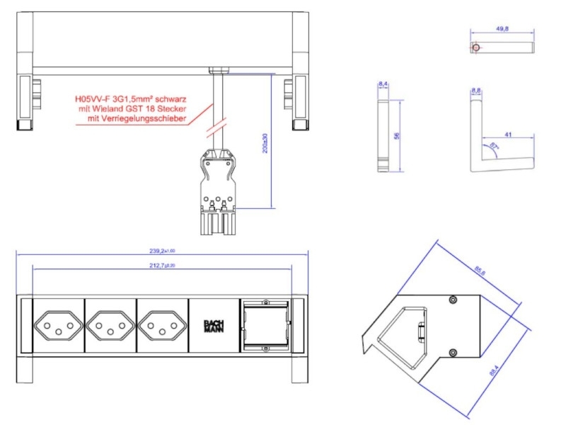 Bachmann DESK 2 3x Steckdose CH, 1x Custom Modul, weiß (902.208) Maße