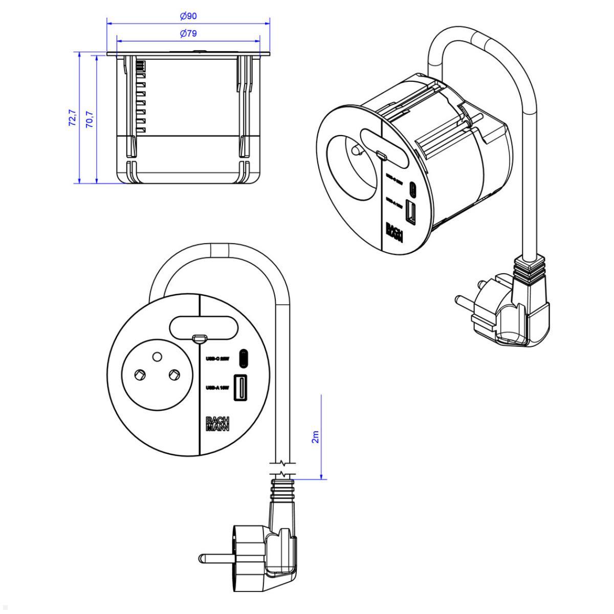 Bachmann LOOP IN CHARGE UTE Steckdose USB A/C Winkelstecker, weiß (938.302), technische Zeichnung