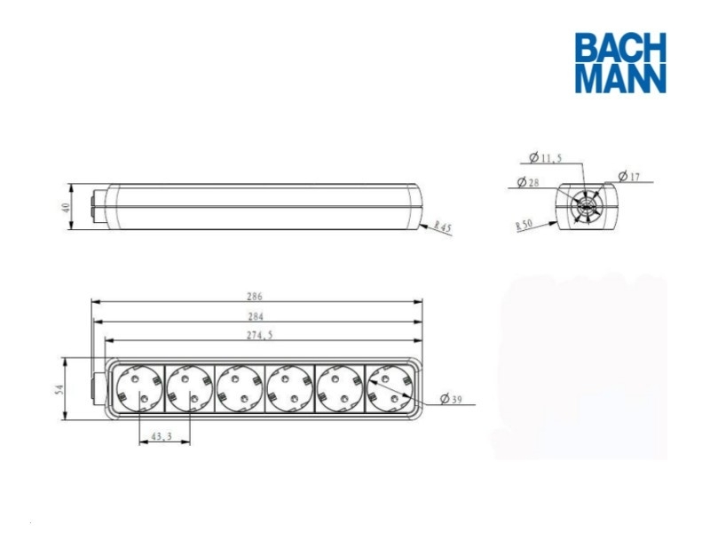 Bachmann SELLY 6-fach Steckdosenleiste mit 1,5m Zuleitung weiß 381.241S Zeichnung