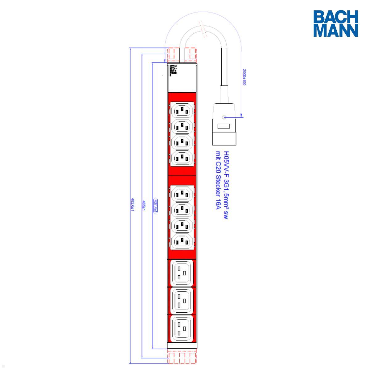 Bachmann IT PDU 19Zoll Steckdosenleiste 11-fach 8x C13, 3x C19, 1HE (800.2332) technische Zeichnung