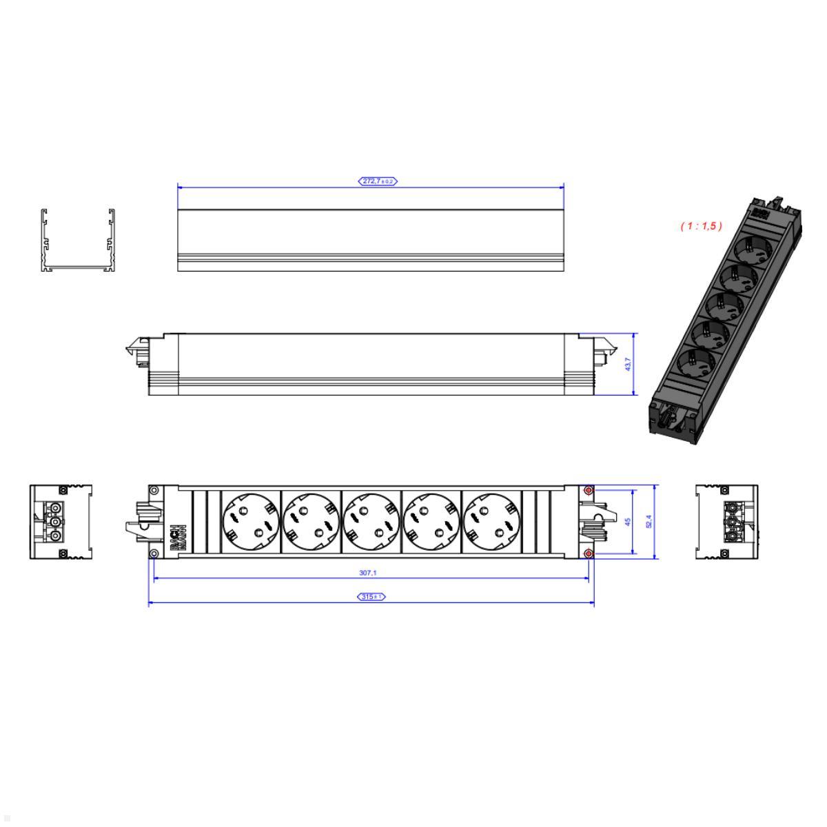 Bachmann STEP BASE 5-fach Steckdosenleiste mit GST18 (906.18821), Maßangaben