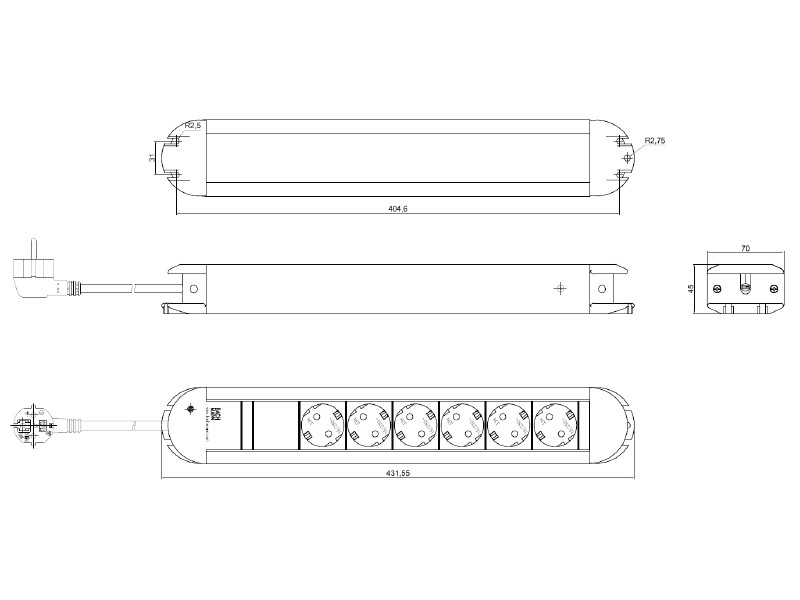 Bachmann PRIMO 6x Steckdosenleiste mit 2m Zuleitung (331.010) Zeichnung