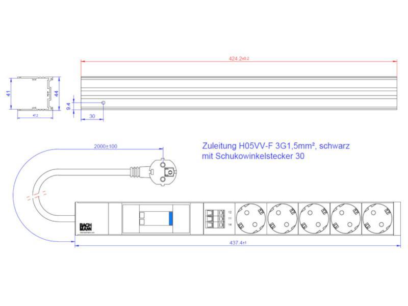 Bachmann 19 Zoll Steckdosenleiste 5x Steckdose, ÜSE 1HE (800.2949) Maße